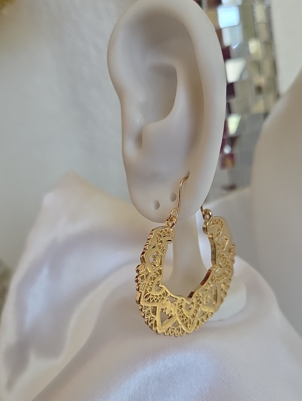 Stainless Steel Gold Filigree Hoop Earrings - Women Jewelry